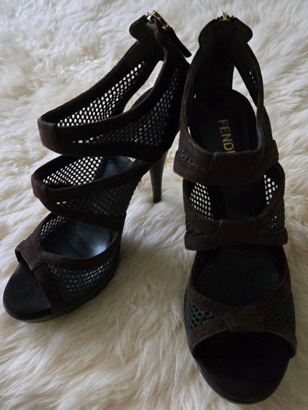 Fendi Suede Mesh Open Toe Heels Brown SZ 36.5 (6.5)